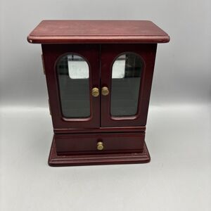 Vintage Wooden Jewelry Cabinet With Glass-like Doors & Drawer